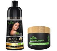 Herbishh Champú Colorante para Canas 500ml + Mascarilla Capilar de Argán para Cabello Seco o Dañado | Tinte Capilar | Cobertura de Canas para Mujeres y Hombres (Negro)
