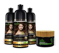 Herbishh Ultimate Hair Color Shampoo Kit (3 piezas de tinte de champú para color de cabello + 1 máscara de argán) Champú de color suave y duradero para cabello gris -Combo4 (marrón claro)