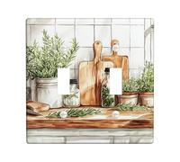 Herbs Kitchen - Placa de doble interruptor de luz, botellas de vidrio natural rústico, tablas de cortar de madera, plástico verde primavera, placa de interruptor de tamaño estándar, decoración para