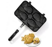 HERCHR 14.5x24x3cm Sartén para gofres Taiyaki, máquina para hacer gofres pescado doble cara con 4 rejillas antiadherentes y mango 20cm con protección contra quemaduras para repostería
