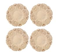 HERCHR 4 Piezas de 3.9 Pulgadas Redondo Apliques de Madera sin Pintar, Hermoso patrón de Flores Apliques tallados en Madera, Adhesivos de Madera esculpida para decoración de Muebles
