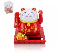 HERCHR Gato Solar Rojo Agitando 2 Piezas 7cm, Maneki Neko Japonés para Escritorio, Estatua Movimiento con Panel Solar sin Baterías