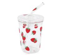 HERCHR Taza de cristal, 300ml fresa Taza de paja de cristal transparente con tapa y pajita Taza de agua potable para zumo de agua leche café té