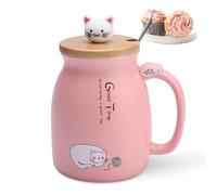 HERCHR Taza linda del gato, kawaii Taza matutina novedosa, 420ml tazas desayuno, Taza de café de cerámica con Cuchara de acero inoxidable para gatitos para amantes de los gatos Mujeres Regalos(rosa)