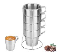 HERCHR Tazas de café apilables de acero inoxidable, tazas de té con doble pared aislante y soporte metálico para el hogar, cafeterías y acampadas