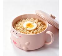 HERCHR Tazón de sopa de acero inoxidable de dibujos animados, tazón de ramen rosa Tazón de sopa con tapa y asas Tazón de cereales lindo dinosaurio Tazones de fideos para sopa de cereales Arroz