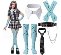 Hercicy Juego de accesorios punk de moda para cosplay de Halloween, cuello falso de 57 pulgadas, lunares, patrón de cicatriz, calcetines, calcetines de 41 pulgadas, cinturón de cintura remachado, kit