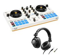 Hercules DJControl Mix Ultra DJ Controller con funda protectora con auriculares Hercules HDP DJ45 cerrados, sobre la oreja