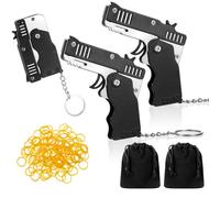 Herdear 2 Pistolas de Goma de Metal Lanzador de Goma Plegable con 120 Bandas de Goma Elásticas Suaves Llavero de Lanzador de Goma Metal Portátil para Navidad Adolescentes Adultos Regalo (Negro)