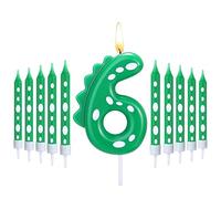 Herdear Velas de Cumpleaños de Dinosaurio para Niños, 1 Vela de Número y 10 Velas Largas Finas Vela Verde de Feliz Cumpleaños de Tarta para Suministro Decoración Fiesta de Tema Aniversario (Número 6)
