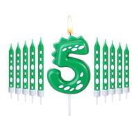 Herdear Velas de Cumpleaños de Dinosaurio para Niños, 1 Vela de Número y 10 Velas Largas Finas Vela Verde de Feliz Cumpleaños de Tarta para Suministro Decoración Fiesta de Tema Aniversario (Número 5)