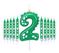 Herdear Velas de Cumpleaños de Dinosaurio para Niños, 1 Vela de Número y 10 Velas Largas Finas Vela Verde de Feliz Cumpleaños de Tarta para Suministro Decoración Fiesta de Tema Aniversario (Número 2)