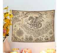 Here Be Dragons - Tapiz beige vintage, mapa de fantasía para colgar en la pared, decoración mítica para sala de estar, dormitorio, arte estético para el hogar, 48 x 36 pulgadas