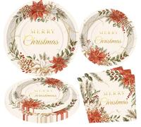 HEREER Suministros de fiesta de Navidad, 96 platos y servilletas de Feliz Navidad, diseño retro de hojas de acebo y platos de postre para decoraciones navideñas para 24 invitados
