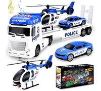 Herefun Camión Transportador Policía Juguete, Juguete Camión de Transporte con Helicóptero Coche de Carreras, Juguete Grande Vehículos de Camiones, Regalos para Niños 3 4 5 6+ años (Policía)
