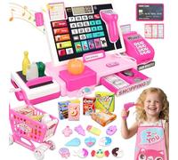 Herenear Caja Registradora Juguetes para Niños, Máquina Registradora Kit - con 52 PCS Accesorios(Escáner/Tarjeta de Crédito/ Dinero de Juguete), Caja Supermercado Juguete para NiñAs Niños 3+ Años