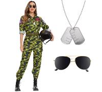 Herenear Disfraz Aviador Mujer, Disfraz de Piloto para Mujer Adulto Disfraz Aviadora Militar Muje para Carnaval, Halloween, Cosplay