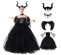 Herenear Disfraz Malefica Niña, Juego de Diablo Con Cuernos, Alas Negro, Collar y Vestido de Bruja Malvada Sin Mangas Para Fiestas Temáticas, Carnaval y Halloween