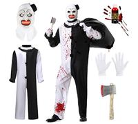 Herenear Disfraz Payaso Halloween, Disfraz Payaso Asesino, Disfrazs Terrifier con Mono Negro Blanco y Mascara Terrifier, Disfrazs Hombre con Hacha y Sangre Falsa para Halloween Carnaval Cosplay (S)