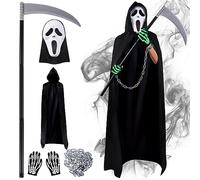 Herenear Disfraz Scream Adulto, Conjuntos para Disfraz Halloween con Mascara de Scream, Guantes, Guadaña, Capa Negra Disfraz, Disfraz de Fantasm para Halloween Fiesta Carnival Costume Cosplay