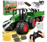 Herenear Tractor Teledirigido para Niños, Tractor RC con Remolque y Luz, Juguete Transportador Set, Pinza Funcionales, Maderas para Niños de 3 a 7 Años (Verde)