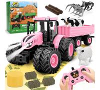 Herenear Tractor Teledirigido para Niños, Tractor RC con Remolque y Luz, Juguete Transportador Set, Pinza Funcionales, Maderas para Niños de 3 a 7 Años (Rosa)