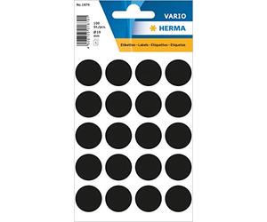 HERMA 1879 Pegatinas de puntos adhesivos negros, 5 hojas, diámetro de 19 mm, 20 por hoja, 100 pegatinas, puntos de marcado para escribir, puntos de color redondos de papel, en blanco