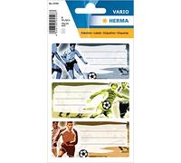HERMA 5598 Etiquetas de libro para escribir fútbol, 9 unidades, 76 x 35 mm, autoadhesivas, a rayas, pegatinas para libros escolares, niños, niñas, niños, multicolores, pegatinas coloridas