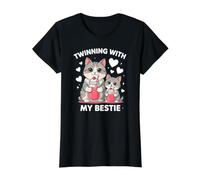 Hermanamiento con mi Mejor Amiga, Lindo Gato y Gatito con Batidos Camiseta gráfica económica, Mujer, Negro, L