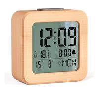 HERMIC Despertador Digital, Reloj Despertador Digital de Madera Pilas con Sensor de Luz, Retroiluminación LCD, Snooze 5 Min, Temperatura, Fecha y Día de la Semana (Madera)
