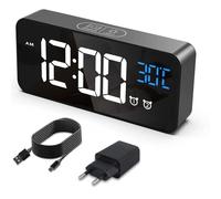 HERMIC Despertador digital, reloj digital LED con indicador de temperatura, alarma de espejo portátil, reloj de mesa con 2 alarmas, 13 tonos de alarma, recargable por USB, 4 brillo y volumen ajustable