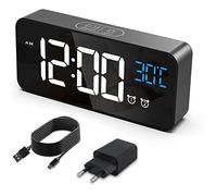 HERMIC Despertador digital, reloj digital LED con indicador de temperatura, alarma de espejo portátil, reloj de mesa con 2 alarmas, 13 tonos de alarma, recargable por USB, 4 brillo y volumen ajustable