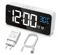 HERMIC Reloj Despertador Digital, Reloj de Noche con Temperatura, Reloj Digital con 2 alarmas, Snooze, 4 Niveles de Brillo, Control de Voz, USB Recargable, Sistema de 12/24 Horas (Blanco)
