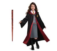 Hermione - Combo de disfraz oficial de Wizarding World Deluxe con capucha y varita para niños, talla L (10-12)