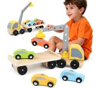 HERMORRYSS Camión Grúa de Madera, Camións Transportador Madera, Camión Maderas Juguete, Camiones de Juguete, 4 Coches Magnéticos + Remolque Desmontable, Coche Juguete Montessori de Maderas para Niños