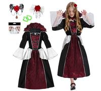 HERMORRYSS Disfraces de Niñas de Vampiro, Halloween Vestidos de Niños con Dientes de Vampiro Accesorios, Halloween Carnaval Cosplay Disfraces Góticos, Vestidos de Vampire para Niñas 8-15 (M)