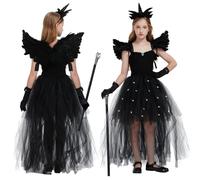 HERMORRYSS Disfraz Bruja Niña Halloween, Disfraz de Bruja Malvada Niños, Tocado de Cuerno + Bastón + Alas Negro, Reina Brujas Malvada Malef Vestido para Carnaval Halloween Cosplay Fiesta Traje (L)