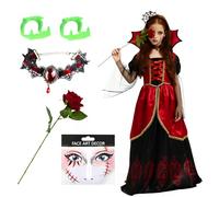 HERMORRYSS Disfraz Vampiresa Niña, Halloween Negro Rojo Vampiro Vestido, Gótico Traje Vampiresa con Gargantilla, Carnaval Fiesta Vampiresa Cosplay, Vampiresa de Cosplay para Niños de 9 Años (M)