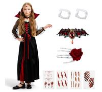 HERMORRYSS Disfraz Vampiro Niña, Disfraces Halloween Niña, Gótico de Reina Vampiresa con Collar de Rubíes, Dentadura Postiza y Pegatinas, Traje de Vampiro para Carnaval, Fiesta Temática Cosplay (M)
