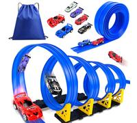 HERMORRYSS Pista Coches para Niños, Pista de Carreras Enrollable Flexible con 6 Vehículos y Rampa, 5 Metros Circuito Coches Juguete, Blue Track Classic Pista Flexible, Niño Niñas Regalo 3+ Años