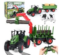 HERMORRYSS Tractor Teledirigido para Niños 2.4 GHz, Tractor Juguete con Remolque, Garra para Madera, 4 Troncos, Farm Truck Toy, Juguetes Transportador de Madera, Granja Juguete Bambini 3 +Años