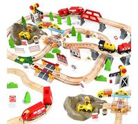 HERMORRYSS Tren de Madera para Niños, 100 Piezas Vías de Tren de Madera y Juguetes de TrenS, TrenS Eléctrico, Ferrocarril de Ingeniería con Grúa Magnética, Figuras, Regalo para Niños y Niña de 3+ Años
