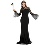 HERMORRYSS Vestido Gótico Mujer, Vestido Medieval Mujer, Elegante Falda Largo Negro con Collar y Pulsera, Sexy Black Witch Dress para Halloween, Mascarada, Cosplay, Carnavales (L)