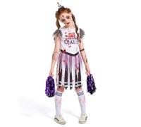 HERMORRYSS Zombie Costume Cheerleader Bambini, Halloween Zombie Abiti da Cheerleader con Pompon, Calzini e Copricapo, Spaventoso Vestiti da Cheerleade Zombi Ragazze per Feste Maschera Halloween (XL)