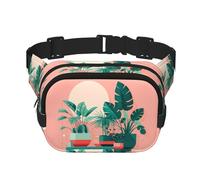 Hermosa bolsa cruzada de moda con estampado de plantas verdes en maceta, bolsa de cintura de senderismo, bolsa de hombro cuadrada de doble capa para viajes y fitness