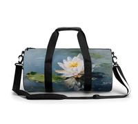 Hermosa bolsa de deporte cilíndrica con diseño de flores de lirio de agua blanca para hombres y mujeres con correa para el hombro