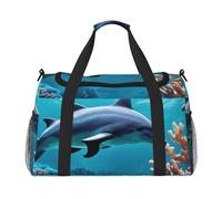 Hermosa bolsa de lona de viaje con estampado de delfines del mundo submarino, elegante, con cremallera impermeable para avión y gimnasio