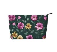 Hermosa bolsa de maquillaje de pana con flores moradas, versátil bolsa de cosméticos con cremallera para uso diario y organizador de capacidad de viaje, Black, Talla única