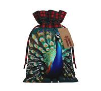 Hermosa bolsa de Navidad a cuadros a juego con estampado de pavo real con cordón para fiestas de cumpleaños de Navidad, 4.7 x 6.9 pulgadas