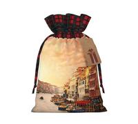 Hermosa bolsa de Navidad a cuadros a juego con estampado de vista del canal de Venecia con cordón para fiestas de cumpleaños de Navidad, 4.7 x 6.9 pulgadas